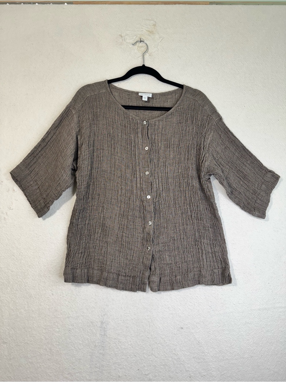Eileen Fisher Taupe Brown Button-Front Textured Crepe Linen Top Medium Lagenlook